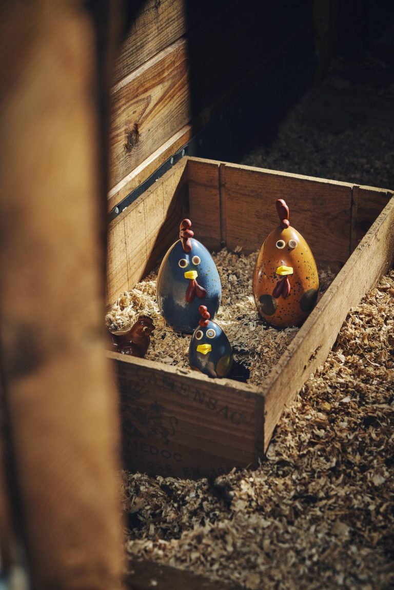 Poules en chocolat de Pâques dans une caisse de paille